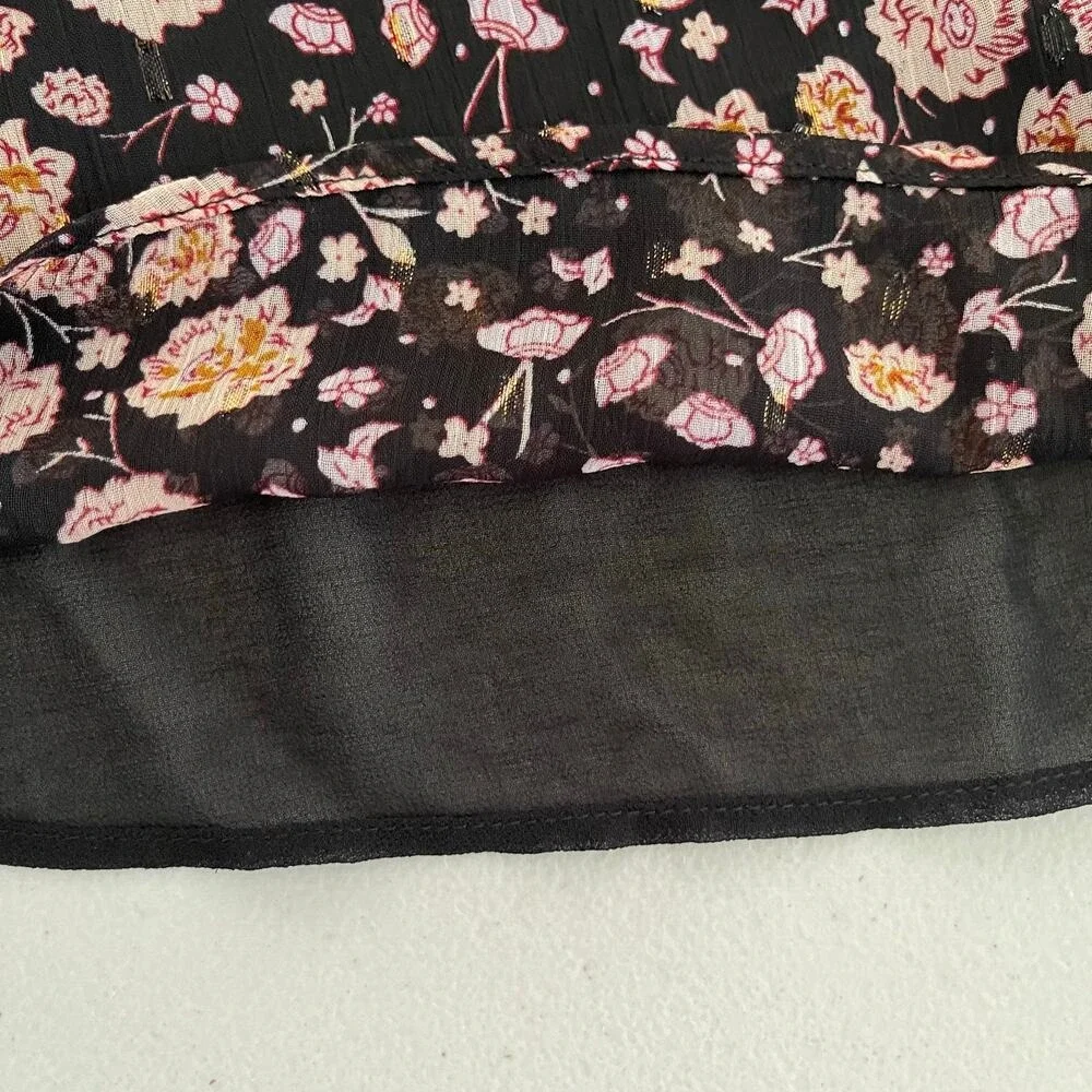 Rachel Zoe Blouse Womens Medium Black Pink Ruffle‎ Collar Trim Chiffon Top - Picture 8 of 12
